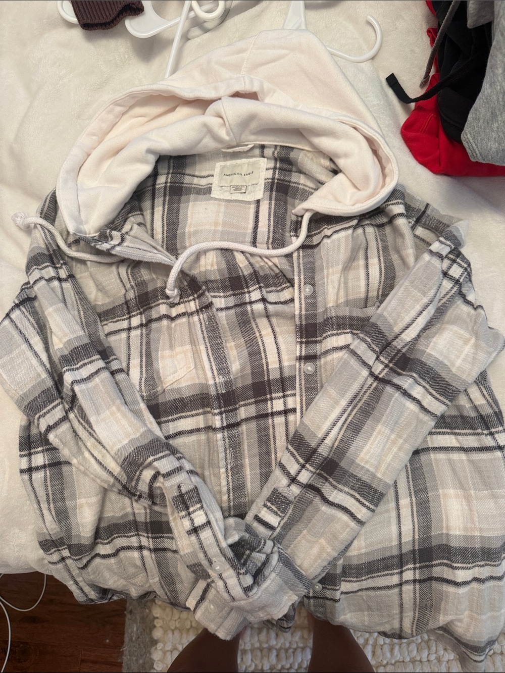 American Eagle Outfitters Gray and Cream Plaid Zip-Up Hoodie Shirt